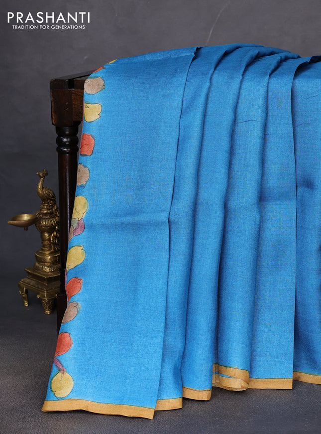 Pure tussar partly silk saree cs blue and elaichi green with plain body and kalamkari hand painted prints