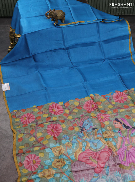 Pure tussar partly silk saree cs blue and elaichi green with plain body and kalamkari hand painted prints