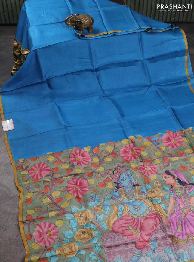 Pure tussar partly silk saree cs blue and elaichi green with plain body and kalamkari hand painted prints