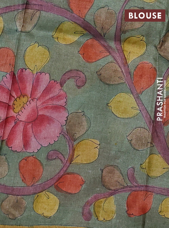 Pure tussar partly silk saree cs blue and elaichi green with plain body and kalamkari hand painted prints