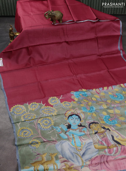 Pure tussar partly silk saree pink shade and pastel green with plain body and kalamkari hand painted prints