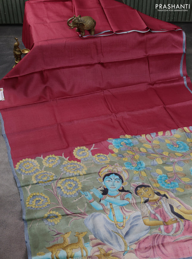 Pure tussar partly silk saree pink shade and pastel green with plain body and kalamkari hand painted prints