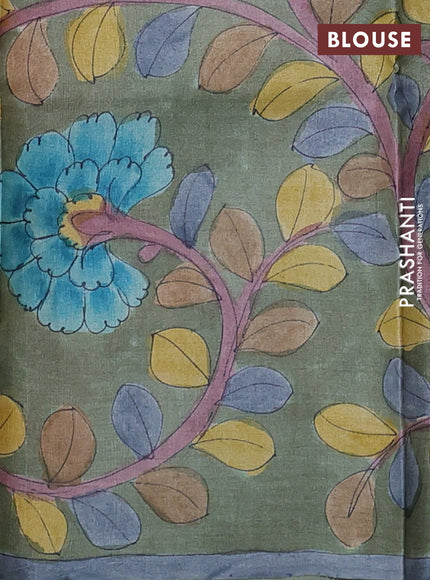 Pure tussar partly silk saree pink shade and pastel green with plain body and kalamkari hand painted prints