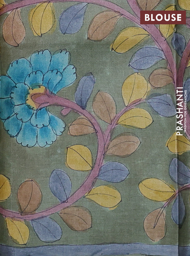 Pure tussar partly silk saree pink shade and pastel green with plain body and kalamkari hand painted prints