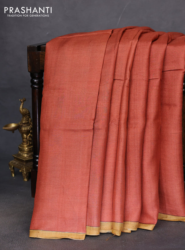 Pure tussar partly silk saree rustic orange and cs blue with plain body and kalamkari hand painted prints