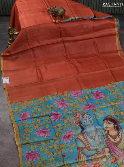 Pure tussar partly silk saree rustic orange and cs blue with plain body and kalamkari hand painted prints