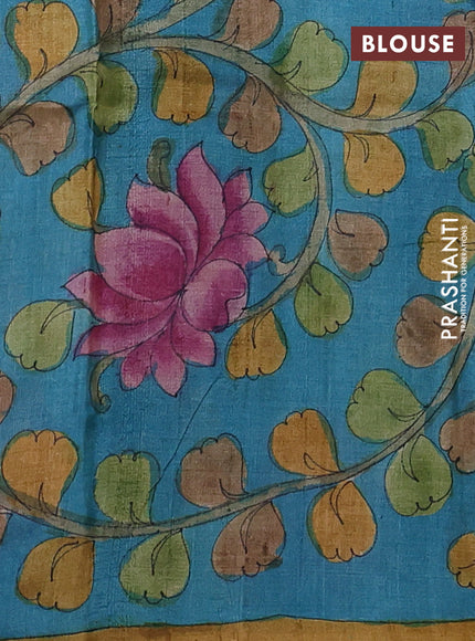 Pure tussar partly silk saree rustic orange and cs blue with plain body and kalamkari hand painted prints