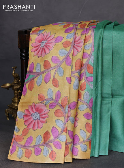 Pure tussar partly silk saree green and mustard yellow with plain body and kalamkari hand painted prints