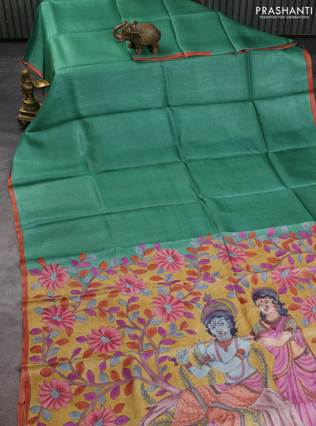Pure tussar partly silk saree green and mustard yellow with plain body and kalamkari hand painted prints