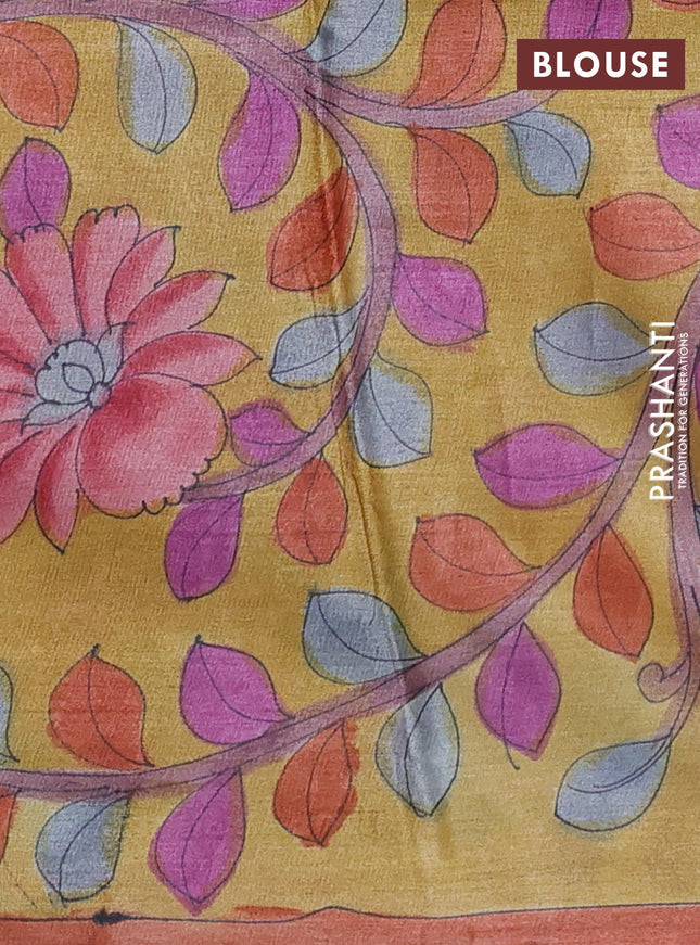 Pure tussar partly silk saree green and mustard yellow with plain body and kalamkari hand painted prints