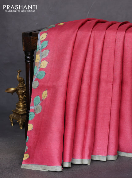 Pure tussar partly silk saree brown shade and pink with plain body and kalamkari hand painted prints