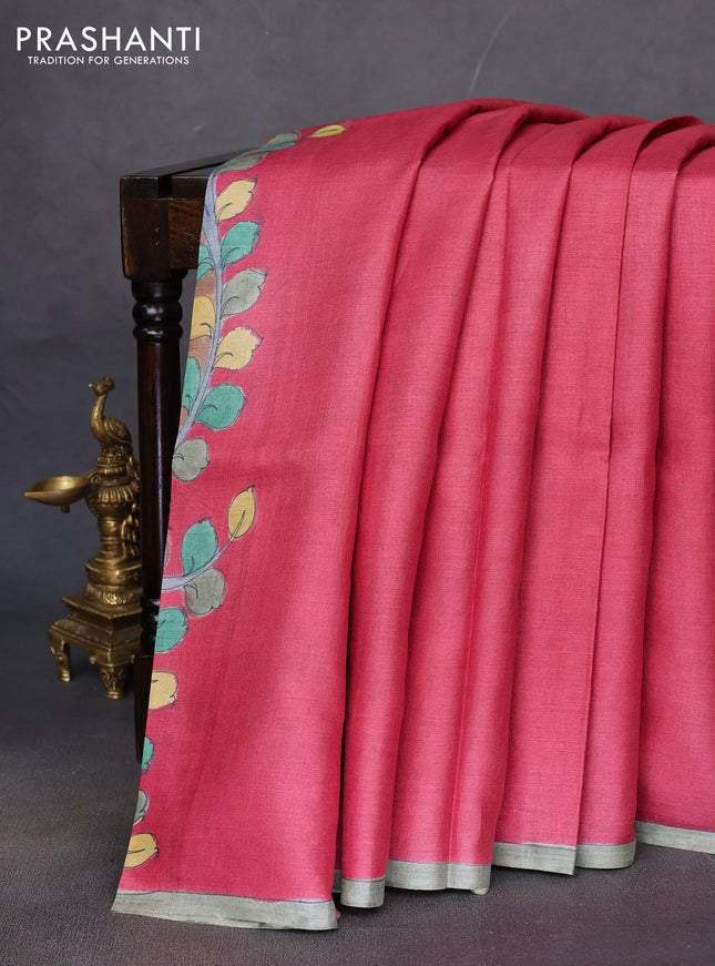 Pure tussar partly silk saree brown shade and pink with plain body and kalamkari hand painted prints