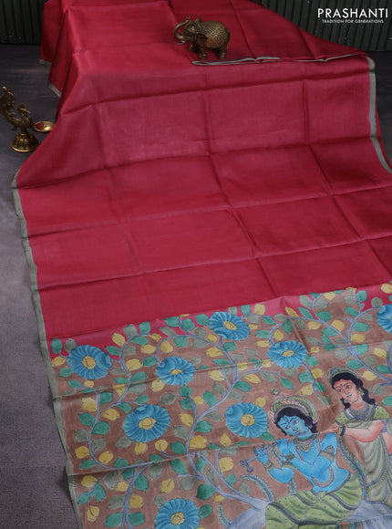 Pure tussar partly silk saree brown shade and pink with plain body and kalamkari hand painted prints