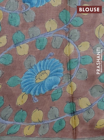 Pure tussar partly silk saree brown shade and pink with plain body and kalamkari hand painted prints
