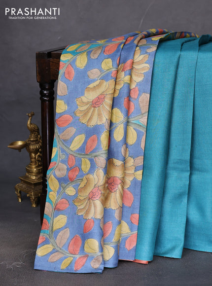 Pure tussar partly silk saree blue shade and rustic orange with plain body and kalamkari hand painted prints