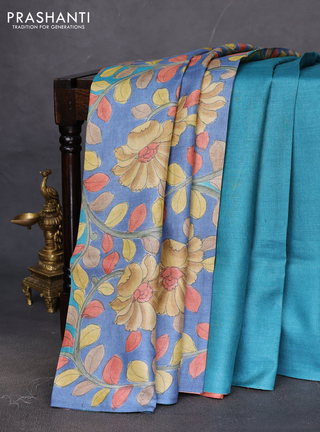 Pure tussar partly silk saree blue shade and rustic orange with plain body and kalamkari hand painted prints