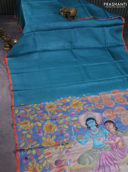 Pure tussar partly silk saree blue shade and rustic orange with plain body and kalamkari hand painted prints