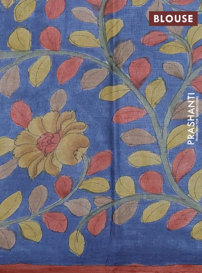 Pure tussar partly silk saree blue shade and rustic orange with plain body and kalamkari hand painted prints
