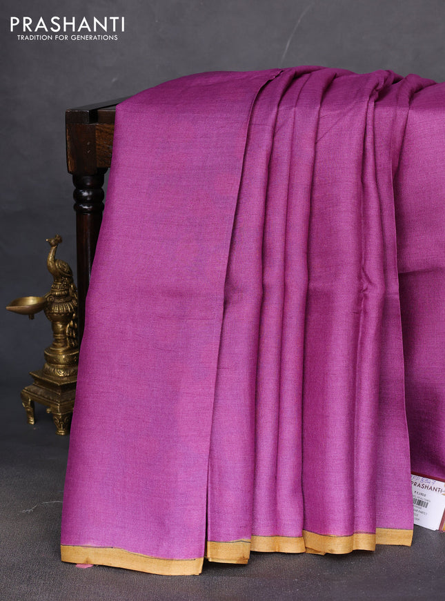 Pure tussar partly silk saree purple and cs blue with plain body and kalamkari hand painted prints