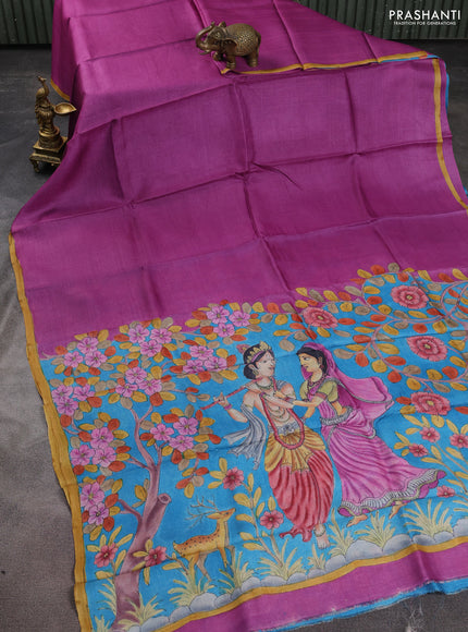 Pure tussar partly silk saree purple and cs blue with plain body and kalamkari hand painted prints