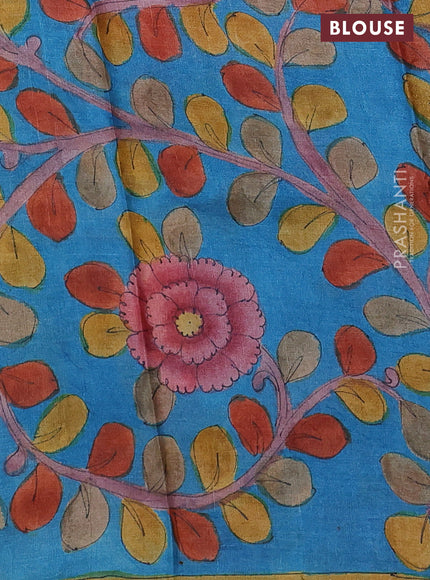 Pure tussar partly silk saree purple and cs blue with plain body and kalamkari hand painted prints