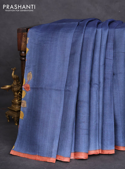 Pure tussar partly silk saree blue shade and pastel green with plain body and kalamkari hand painted prints