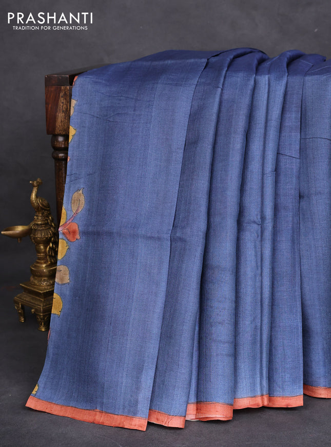 Pure tussar partly silk saree blue shade and pastel green with plain body and kalamkari hand painted prints