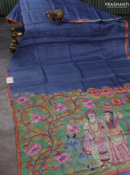 Pure tussar partly silk saree blue shade and pastel green with plain body and kalamkari hand painted prints