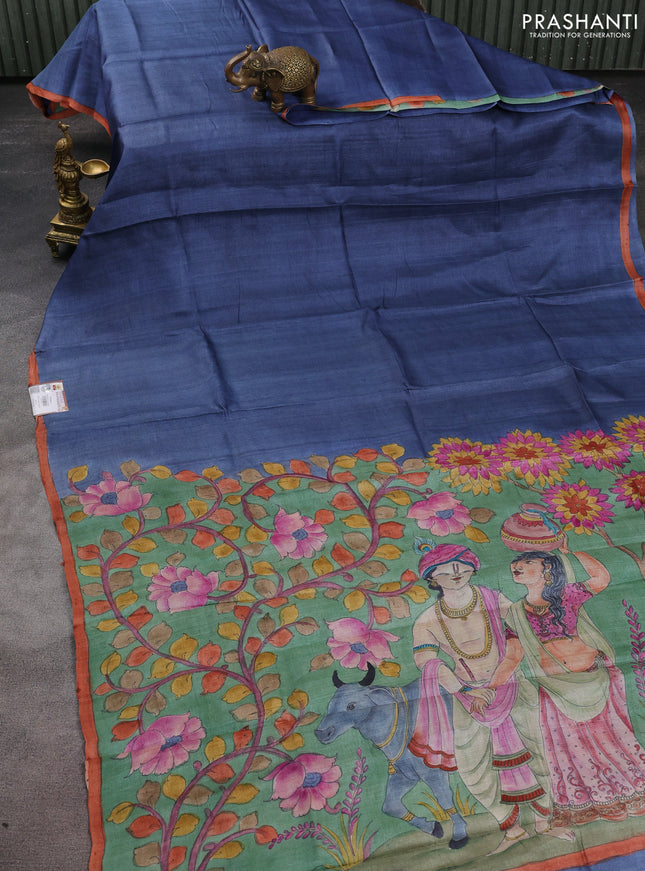 Pure tussar partly silk saree blue shade and pastel green with plain body and kalamkari hand painted prints
