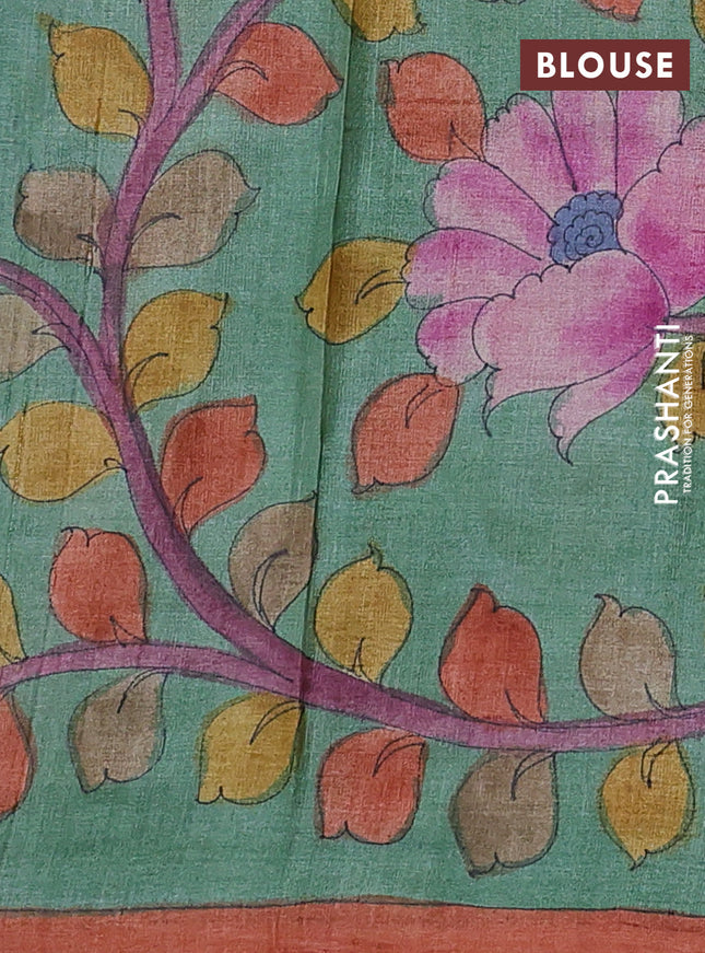 Pure tussar partly silk saree blue shade and pastel green with plain body and kalamkari hand painted prints
