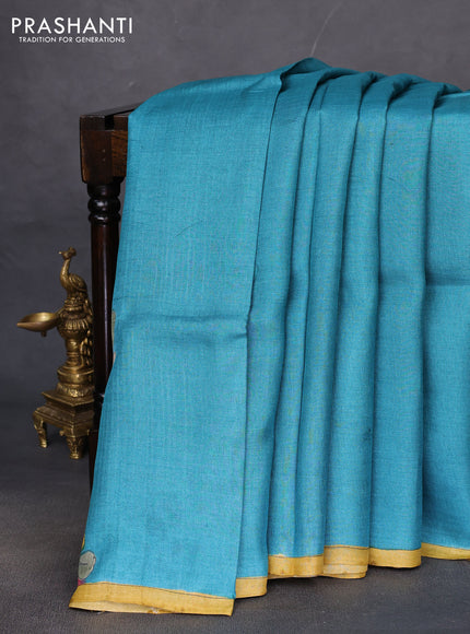 Pure tussar partly silk saree teal blue and maroon with plain body and kalamkari hand painted prints