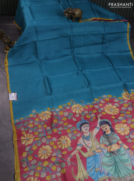 Pure tussar partly silk saree teal blue and maroon with plain body and kalamkari hand painted prints