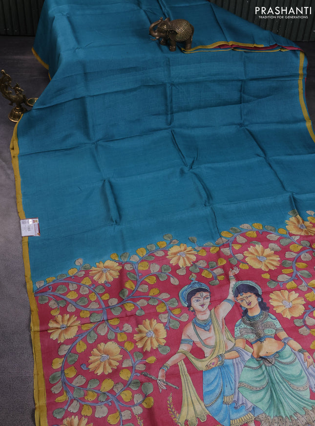 Pure tussar partly silk saree teal blue and maroon with plain body and kalamkari hand painted prints