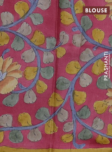 Pure tussar partly silk saree teal blue and maroon with plain body and kalamkari hand painted prints