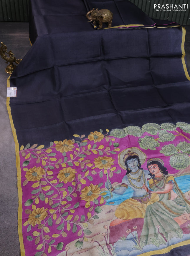 Pure tussar partly silk saree elephant grey and purple with plain body and kalamkari hand painted prints