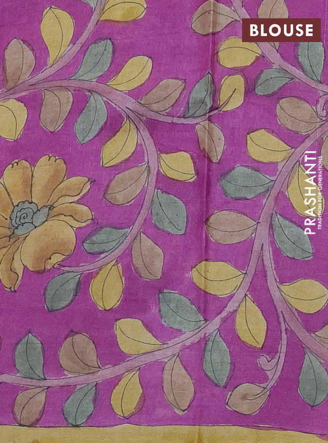 Pure tussar partly silk saree elephant grey and purple with plain body and kalamkari hand painted prints