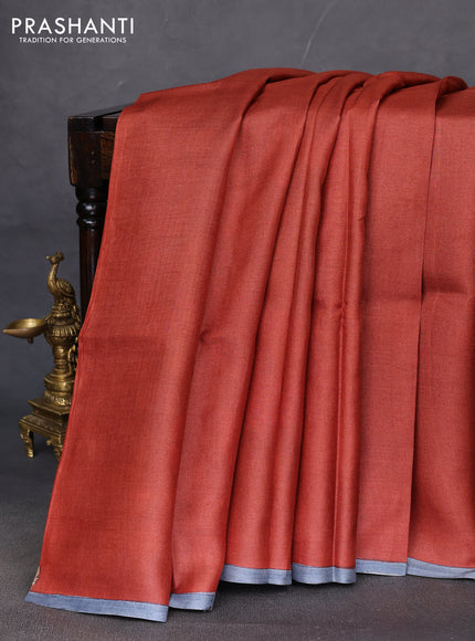 Pure tussar partly silk saree rust shade and teal blue with plain body and kalamkari hand painted prints