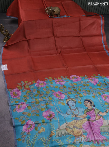 Pure tussar partly silk saree rust shade and teal blue with plain body and kalamkari hand painted prints