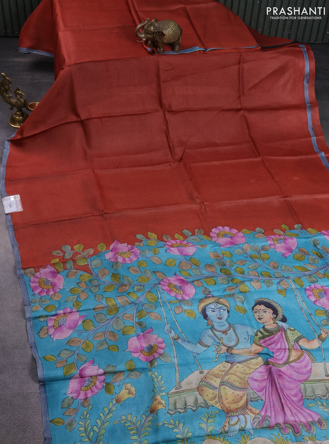 Pure tussar partly silk saree rust shade and teal blue with plain body and kalamkari hand painted prints