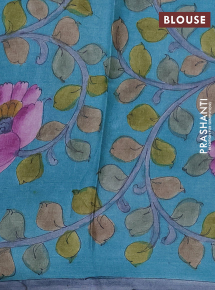 Pure tussar partly silk saree rust shade and teal blue with plain body and kalamkari hand painted prints