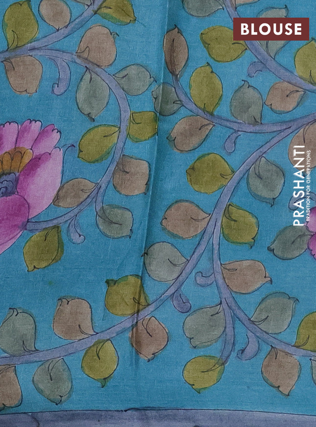 Pure tussar partly silk saree rust shade and teal blue with plain body and kalamkari hand painted prints
