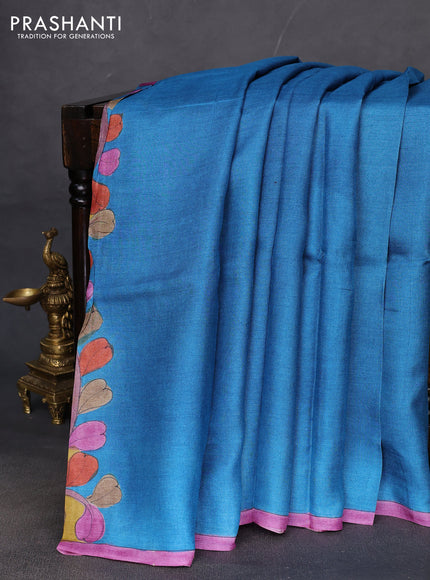 Pure tussar partly silk saree cs blue and mustard yellow with plain body and kalamkari hand painted prints
