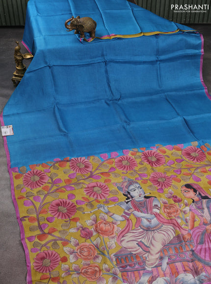 Pure tussar partly silk saree cs blue and mustard yellow with plain body and kalamkari hand painted prints