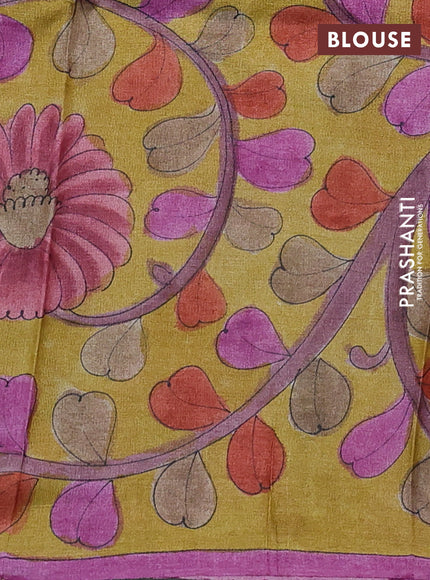Pure tussar partly silk saree cs blue and mustard yellow with plain body and kalamkari hand painted prints