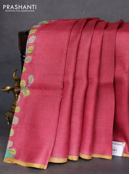 Pure tussar partly silk saree red shade and green shade with plain body and kalamkari hand painted prints