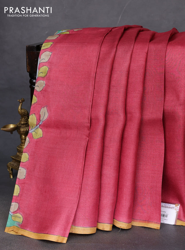 Pure tussar partly silk saree red shade and green shade with plain body and kalamkari hand painted prints