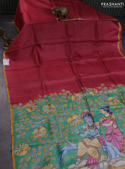Pure tussar partly silk saree red shade and green shade with plain body and kalamkari hand painted prints