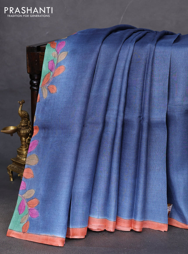 Pure tussar partly silk saree blue shade and pastel green with plain body and kalamkari hand painted prints