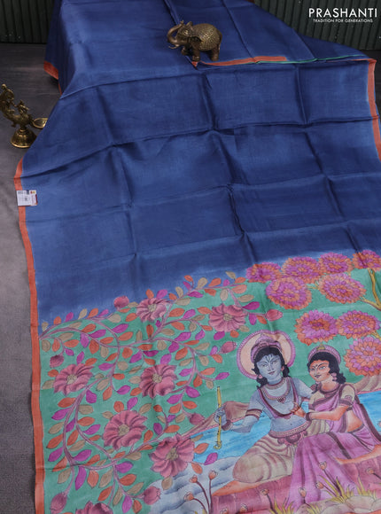 Pure tussar partly silk saree blue shade and pastel green with plain body and kalamkari hand painted prints