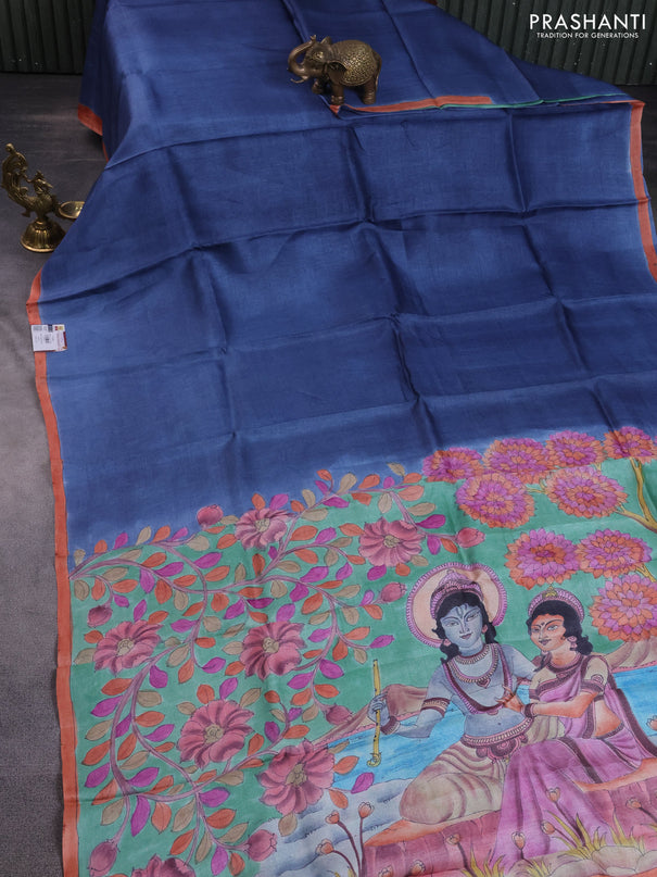 Pure tussar partly silk saree blue shade and pastel green with plain body and kalamkari hand painted prints